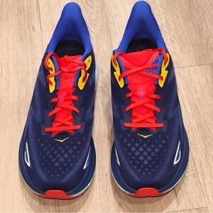 Hoka MCLIFTON 9 One One Red and Blue Athletic Shoes